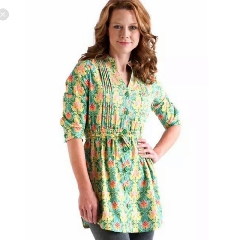 MATILDA Jane Tunic Blouse Button Front Top Green Acres Size M